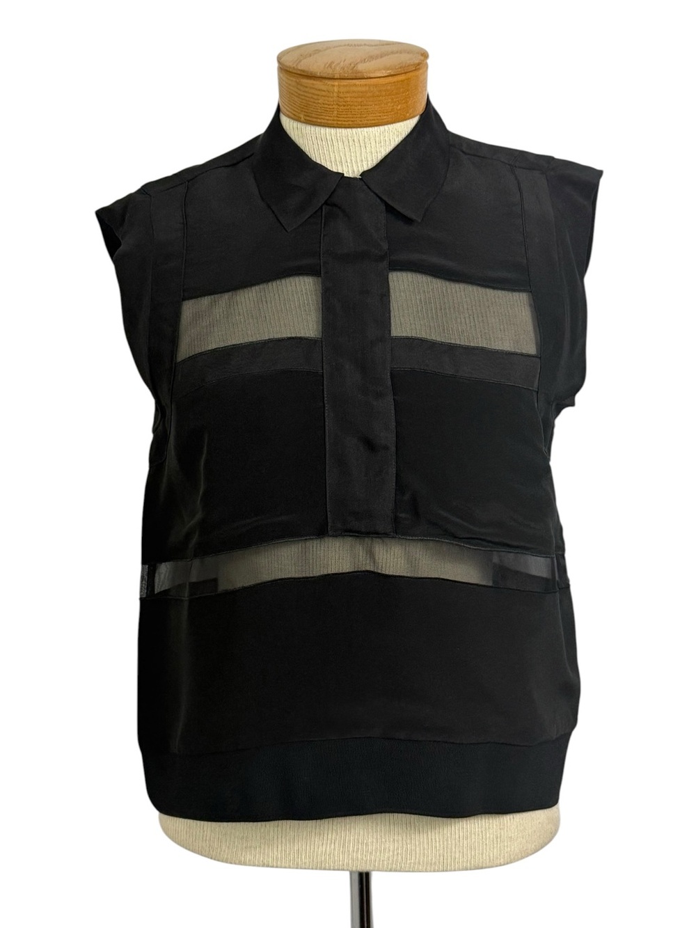 Rebecca Taylor Black Silk Sleeveless Blouse Sheer Panel Banded Hem Size 2